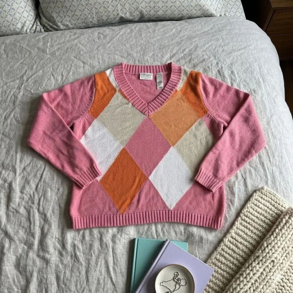 Vintage Preppy 100% Cotton Lightweight Argyle V-Neck Sweater Pink
